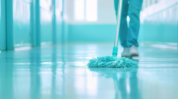 A person in blue scrubs mopping A person in blue scrubs mopping